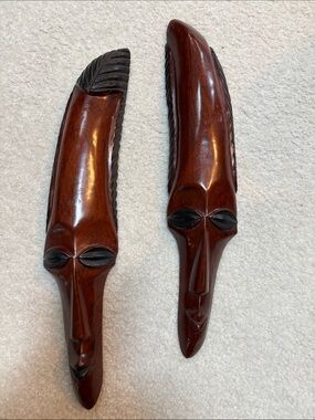 Hand-Carved Brown Wood Tribal Face Masks Sculpture